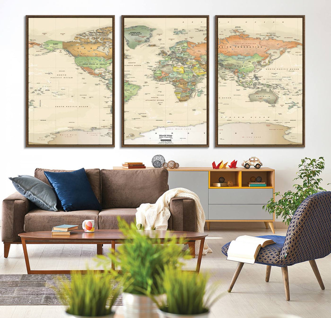 The Large Push Pin World Map Wall Art Canvas Print, with a gallery-quality finish, is carefully crafted on premium canvas and handmade in the USA. This piece adds a touch of elegance to any space.