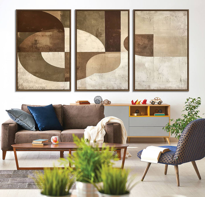 A Wabi Sabi Geometric Minimalist Wall Art Canvas Print—with a modern abstract geometric design in brown and beige tones—stands proudly in front of a house.