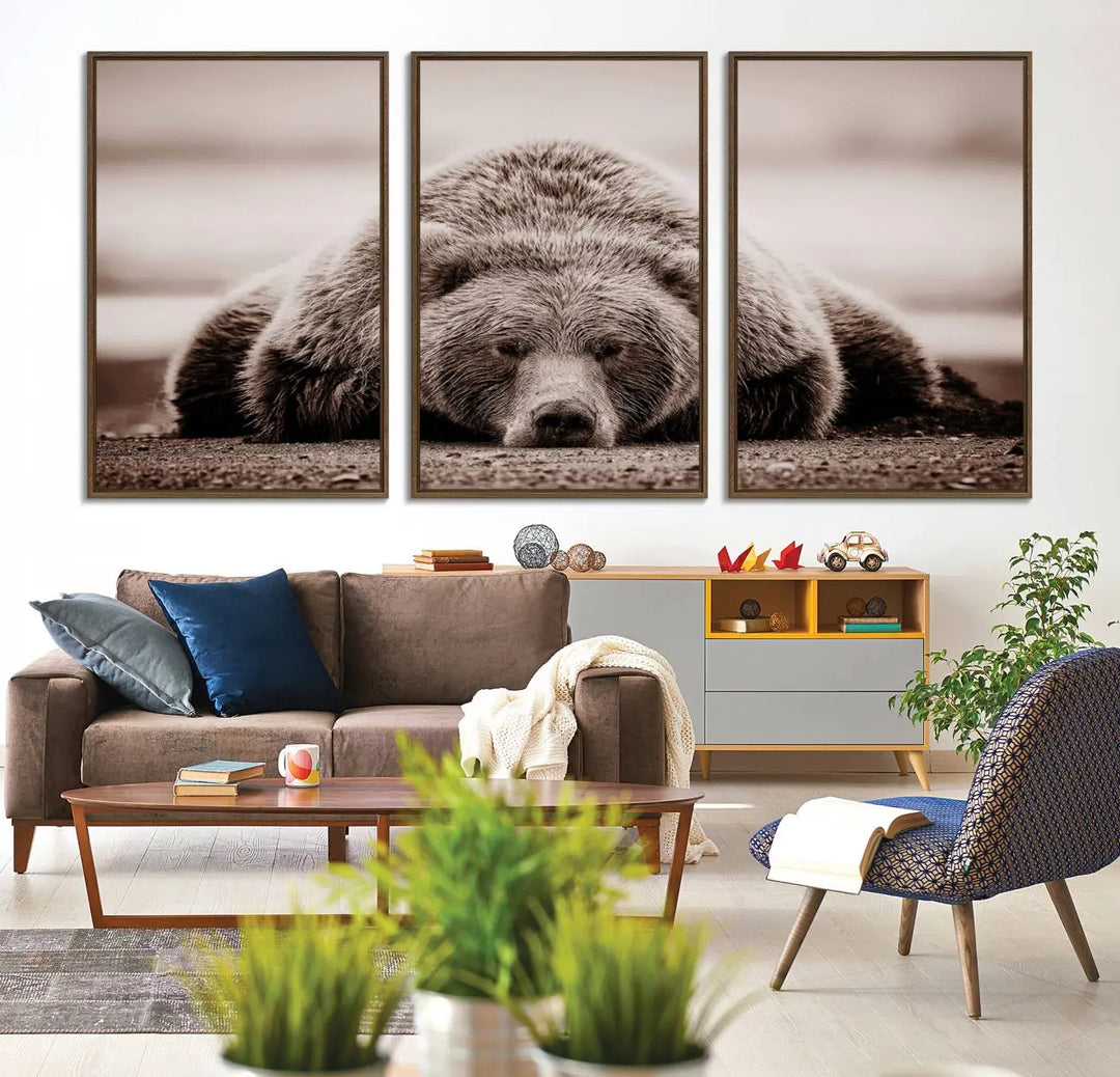 The Grizzly Bear Wall Art Print - a Rustic Bear Portrait Canvas - serves as the centerpiece on the wall, creating an elegant, nature-inspired decor.