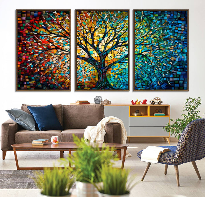 Explore the Yggdrasil Tree of Life Wall Art Print, a 3-panel canvas print made in the USA, featuring a vibrant multicolor mosaic design.