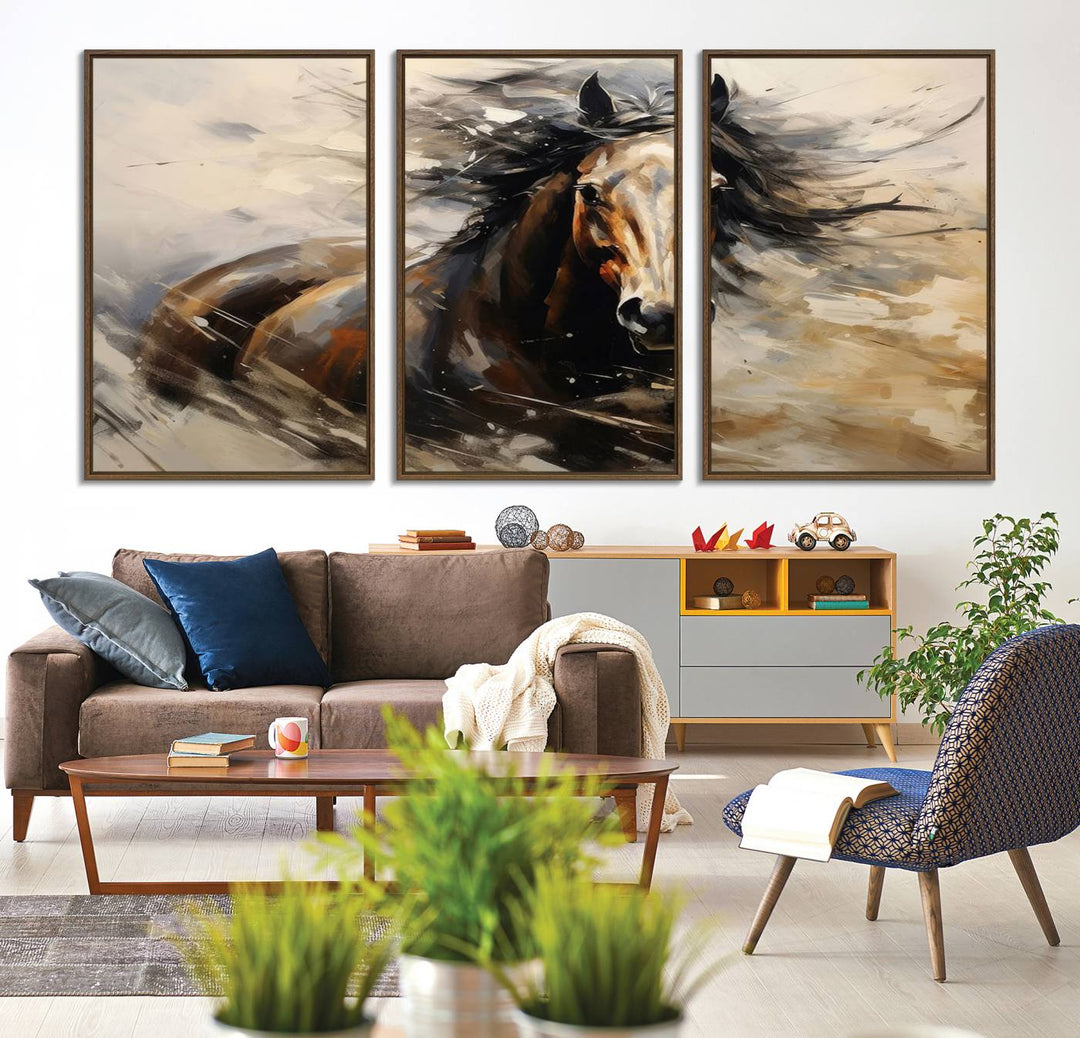 The Abstract Wall Art Horse Print adds rustic charm.