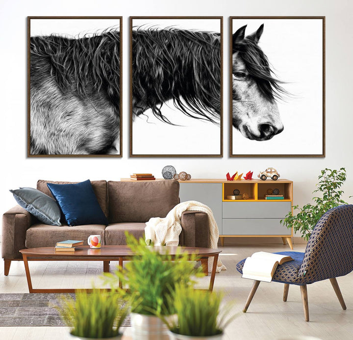 Black Horse Wall Art Canvas Print for farmhouse decor on the kitchen wall.