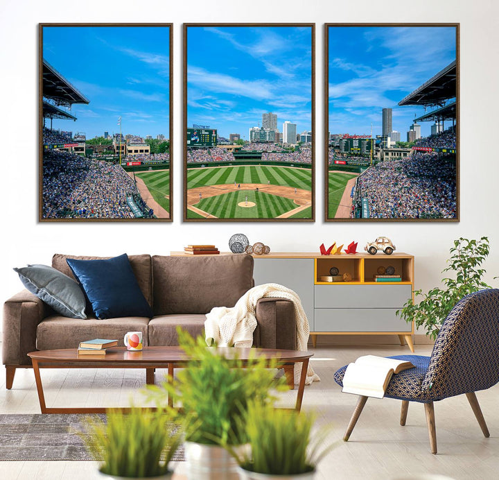 The Wrigley Field Chicago Cubs canvas art, depicting the iconic stadium, is perfect for sports lovers.