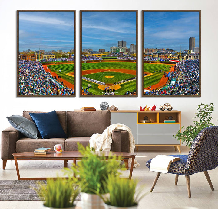 The Wrigley Field Cubs Panoramic Canvas Art hangs prominently in the modern living room.