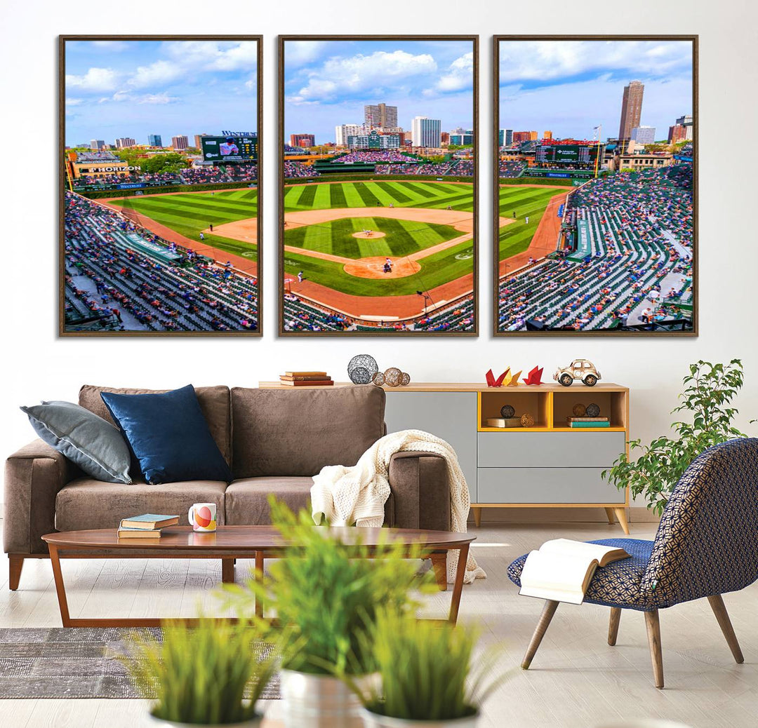 A 3-piece panoramic canvas wall art showcases an aerial view of a packed Chicago Cubs game at Wrigley Field, perfect for sports lovers.