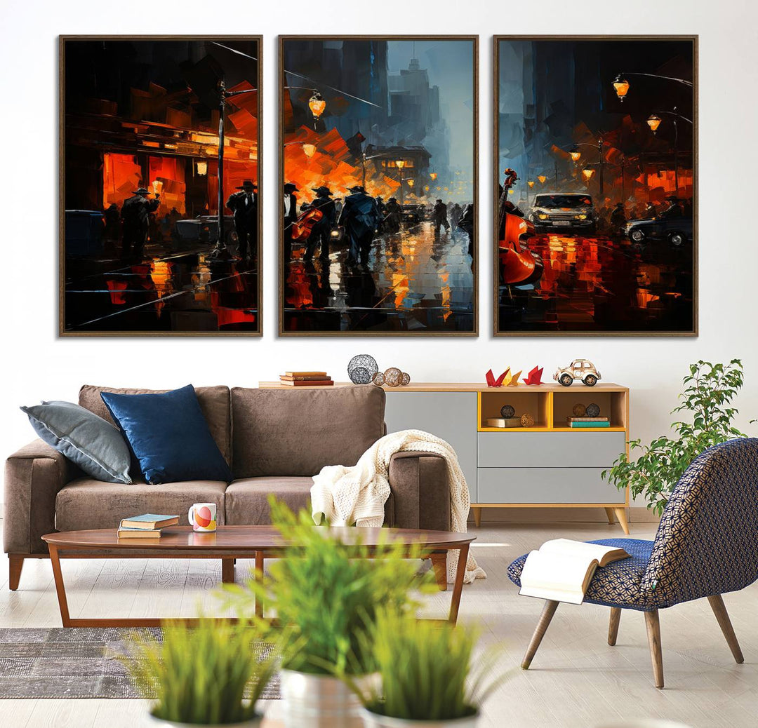 Framed Abstract Music Canvas: Jazz musicians on a rainy city street at night, with warm lights reflecting on wet pavement.