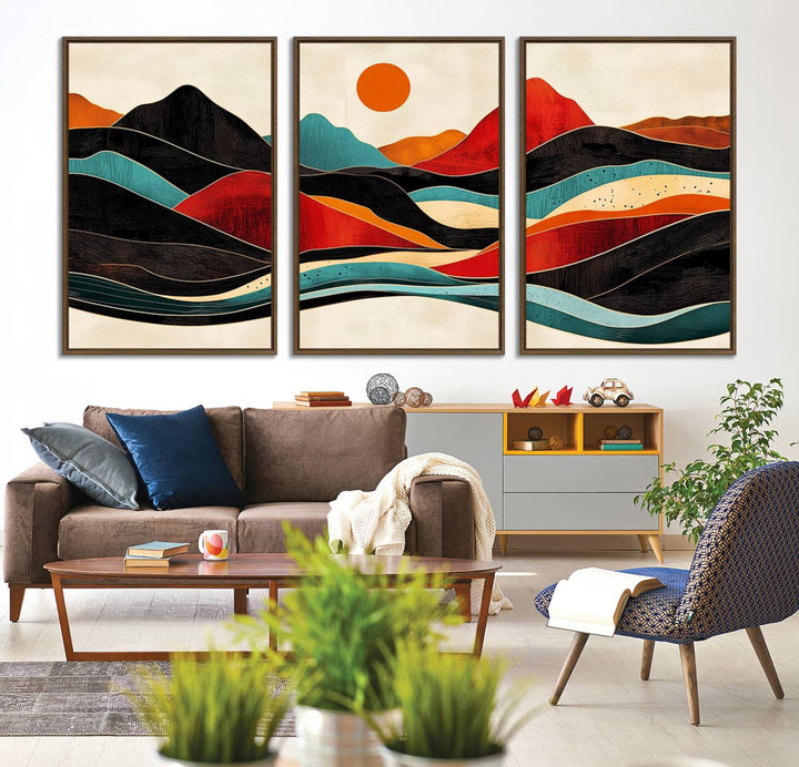 The Colorful Western Triptych Canvas features a vibrant mountain and sun design, making it perfect for modern kitchens or log cabin walls.