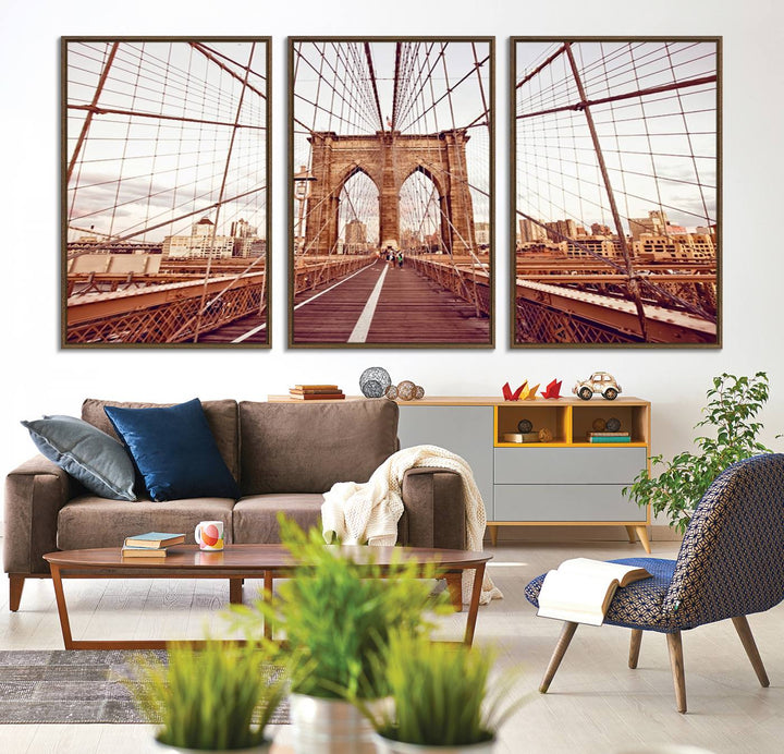 The three-panel "Wall Art New York Manhattan Cityscape Canvas Print" of the Brooklyn Bridge makes an ideal addition to minimalist interiors, capturing the essence of abstract expressionism.