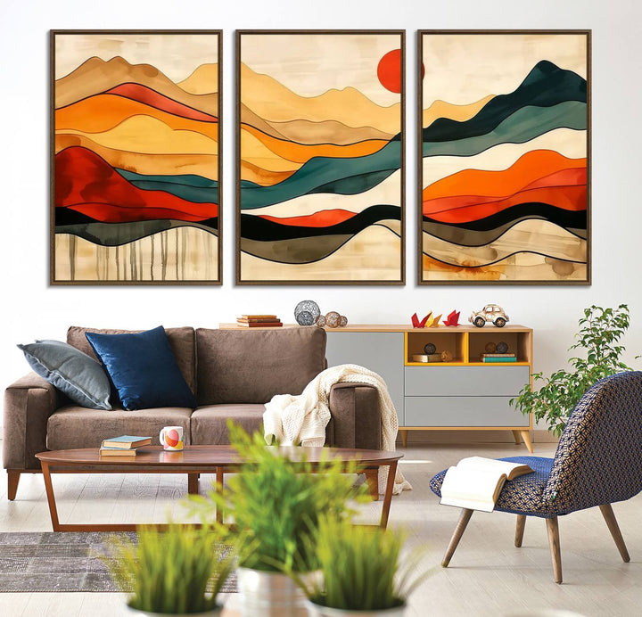 Abstract Mountain Wall Art Triptych with a Red Sun, ideal for a Mid-Century style space.