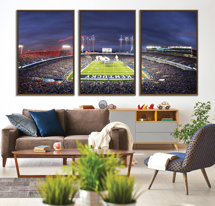 A filled stadium at dusk and fireworks overhead are beautifully captured in the Kroger Field Canvas Wall Art - Sunset Football Stadium Decor.