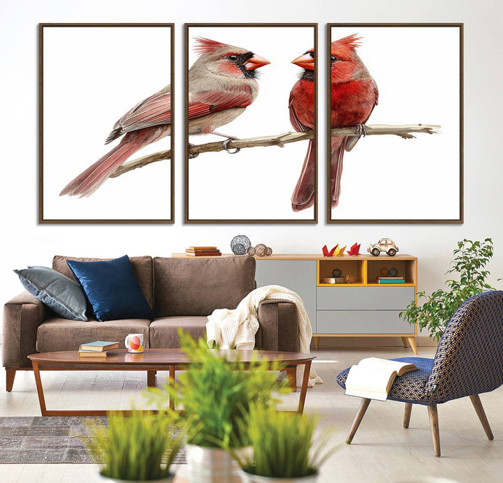 The Cardinal Bird Canvas Wall Art showcases two cardinals on a branch.