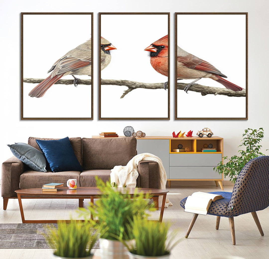 A Cardinal Canvas Wall Art print of cardinals on a branch hangs prominently.