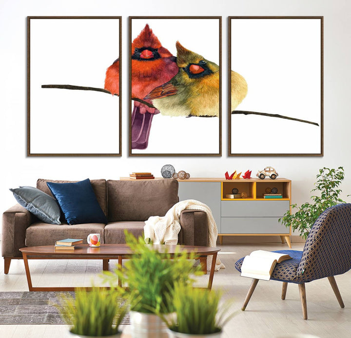 The Cardinal Bird Canvas Wall Art showcases vibrant male and female cardinals, capturing the beauty of nature in vivid detail.