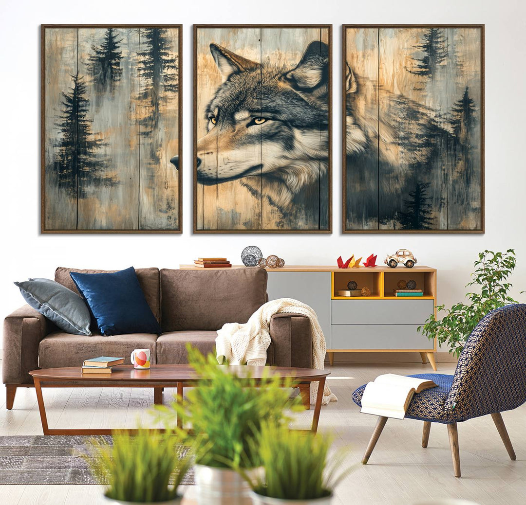 A Wood Style Rustic Wolf Wall Art Canvas Print adorns the kitchen.