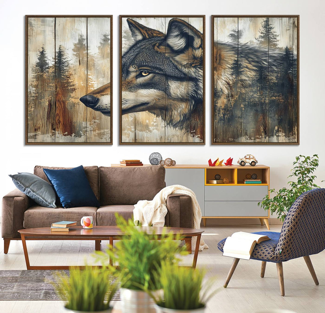 A Rustic Wolf Wall Art Canvas Print in earthy tones adorns the wall above the countertop.