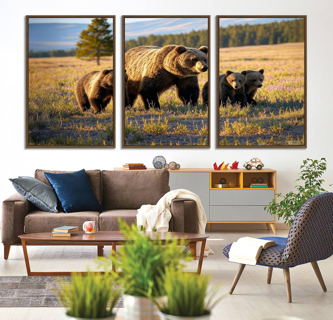 The Grizzly 399 in Wild Flowers wall art canvas print.