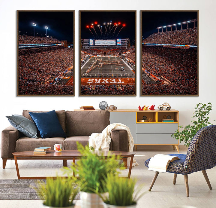 A Texas Memorial Stadium canvas print with fireworks embellishes the modern living room.