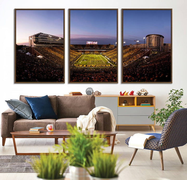 The Iowa Hawkeyes Kinnick Stadium Wall Art Canvas Print captures a sunset scene, making it perfect for display on a wall.