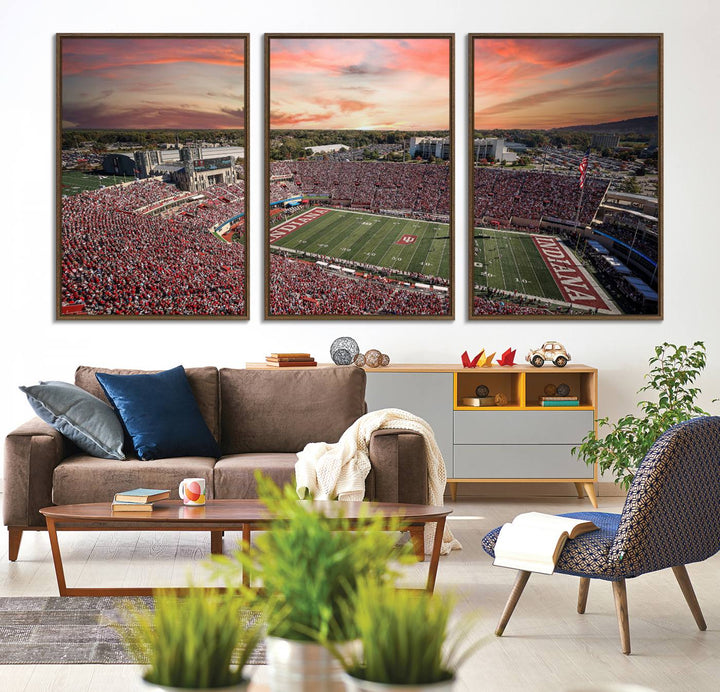 Gallery-quality Indiana Memorial Stadium Wall Art Canvas: A stunning view of the stadium at sunset.