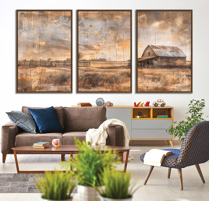 Rustic Farmhouse Wall Art Canvas depicting a barn under a cloudy sky.