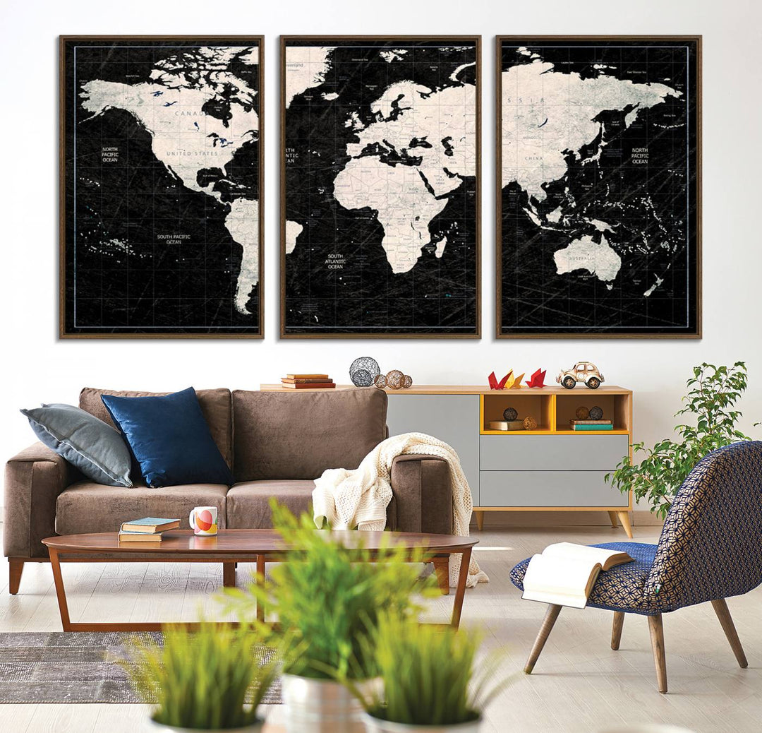 The Black & White World Map Canvas Wall Art, a giclee print, elegantly decorates the wall.