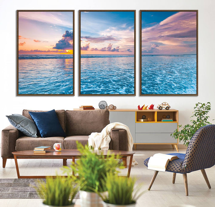 An Ocean Sunset Canvas Wall Art depicting a vibrant sky and rolling waves.