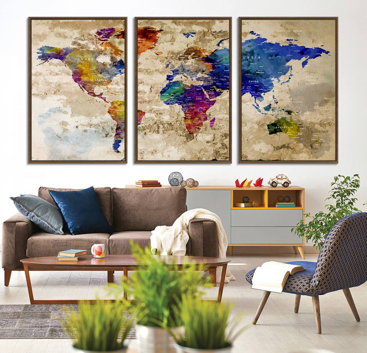 Watercolor World Map Canvas Print with gallery-wrapped edges.