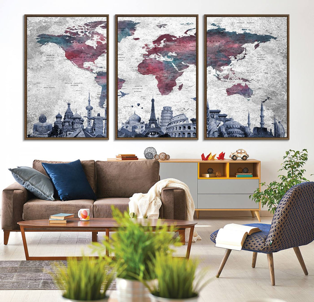 The dining room features a Blue Multipanel World Map Wall Art Canvas Print that adorns the wall, highlighting its neutral decor.