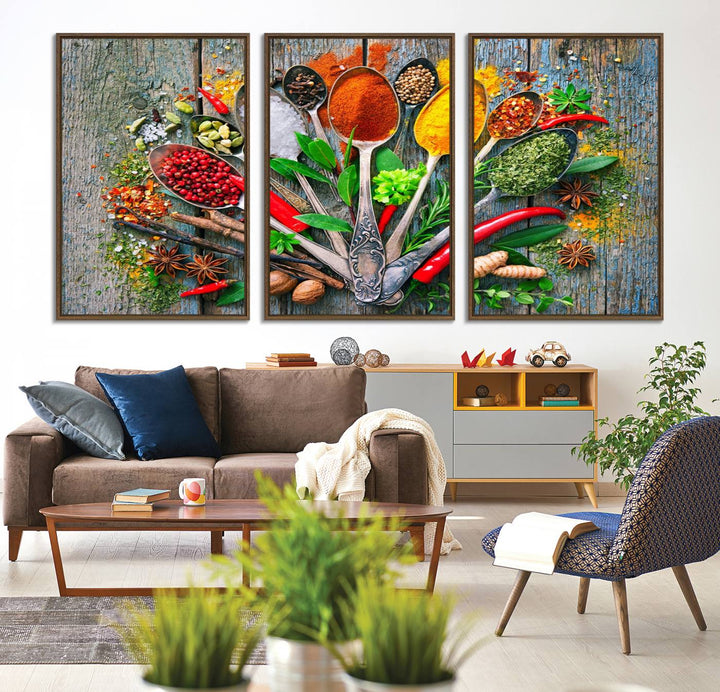 Vibrant Spoonful of Spices kitchen wall art canvas, a culinary triptych ideal for any dining room decor.