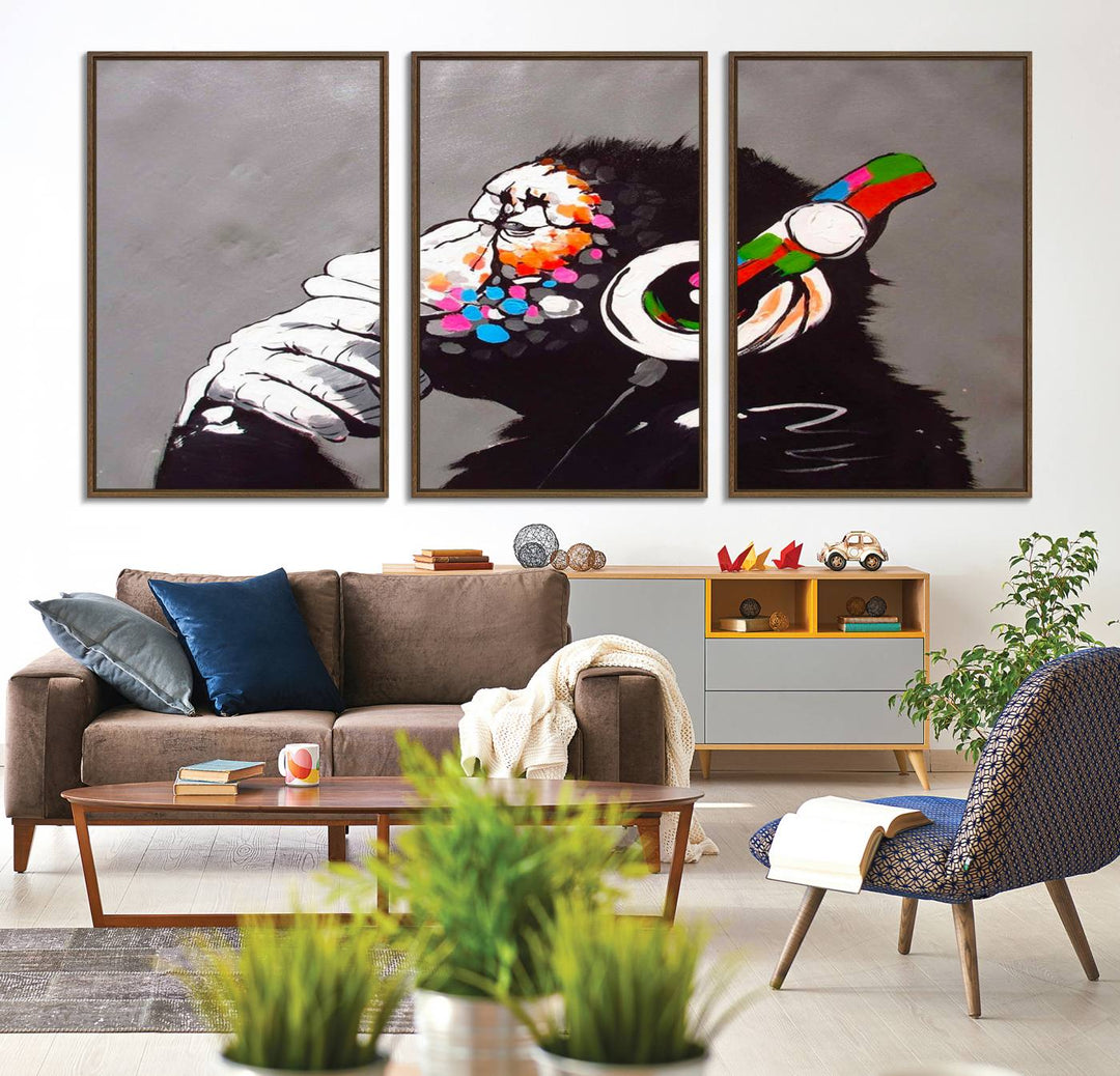 Living room showcasing DJ Monkey wall art.