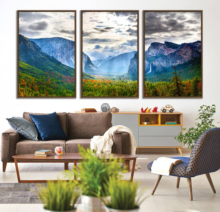 The Yosemite Park Half Dome 3 Panel Canvas Print beautifully captures the enchanting beauty of national parks with its vibrant mountain and forest scene. This large giclée landscape wall art is perfect for living rooms, offices, or bedrooms and comes ready to hang.