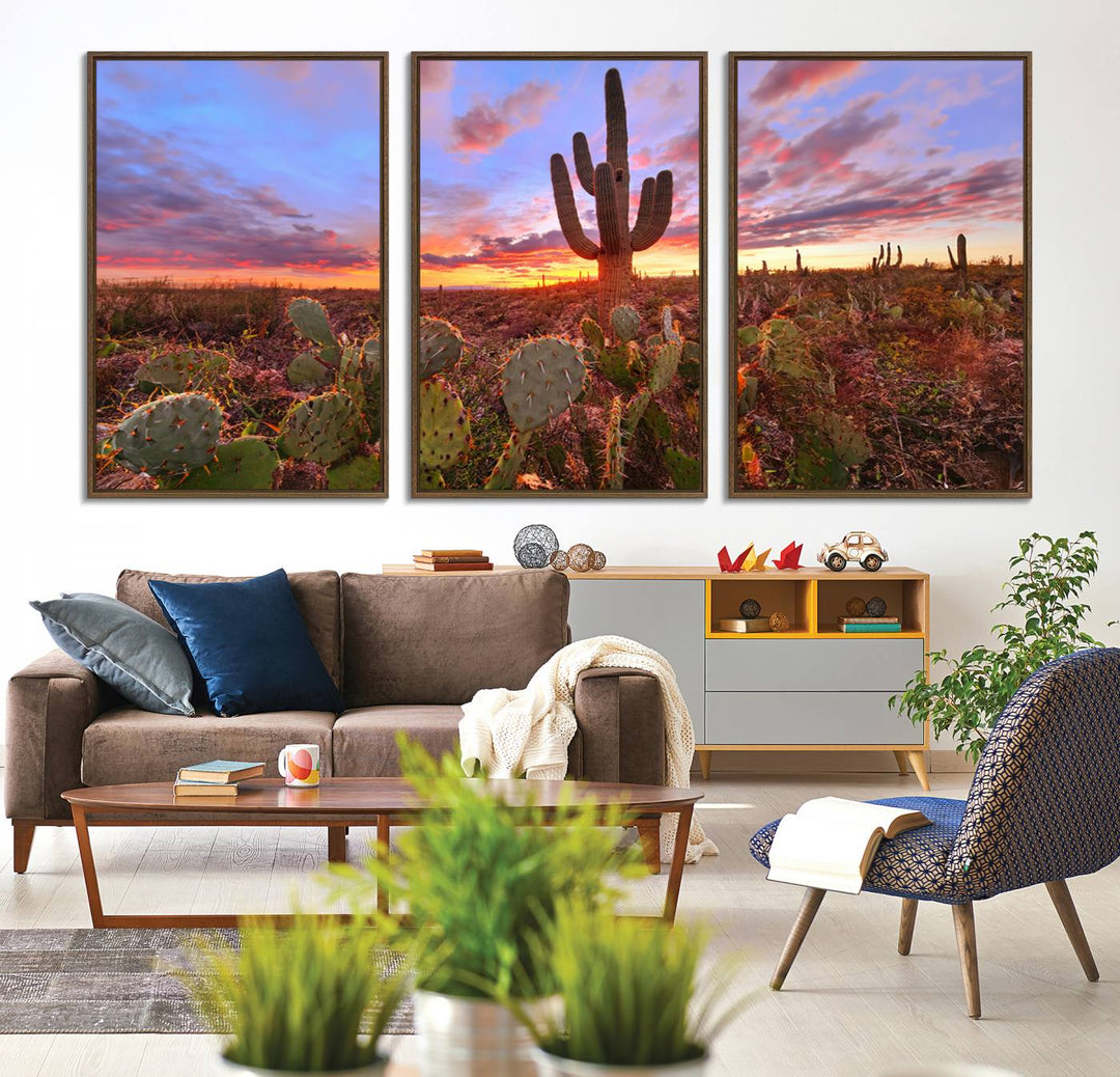 The Arizona Desert Sunset Wall Art Canvas Print featuring cacti is displayed.