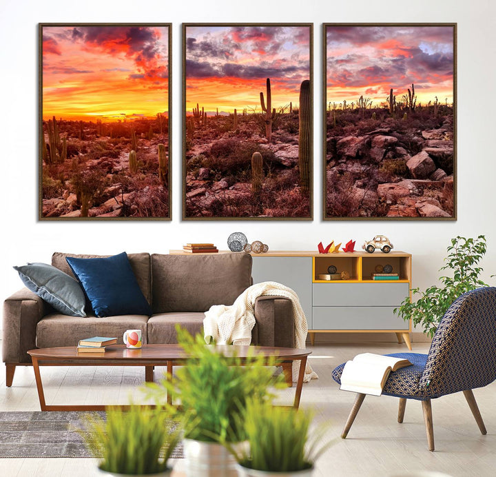 A vibrant desert sunset with cacti, perfect Western Cowboy Wall Art Print.