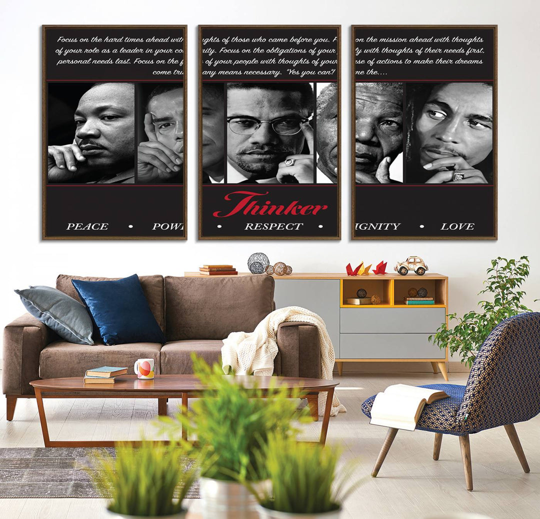 The wall art is a black and white piece featuring iconic figures accompanied by the words Thinker Peace Power Respect Dignity.