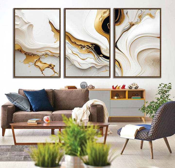 Modern interiors showcase Gold Waves on Pure White Canvas.