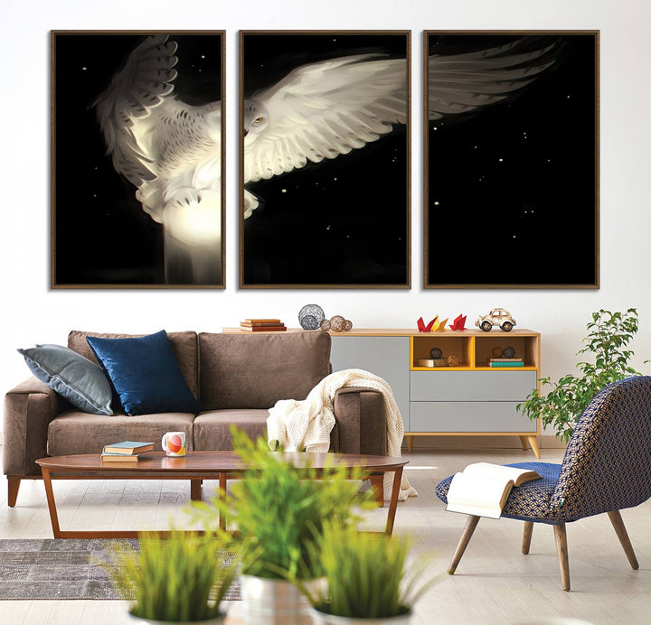 The Night Owl Art graces the wall with its depiction of a snowy owl on a glowing orb, perfect for modern decor.