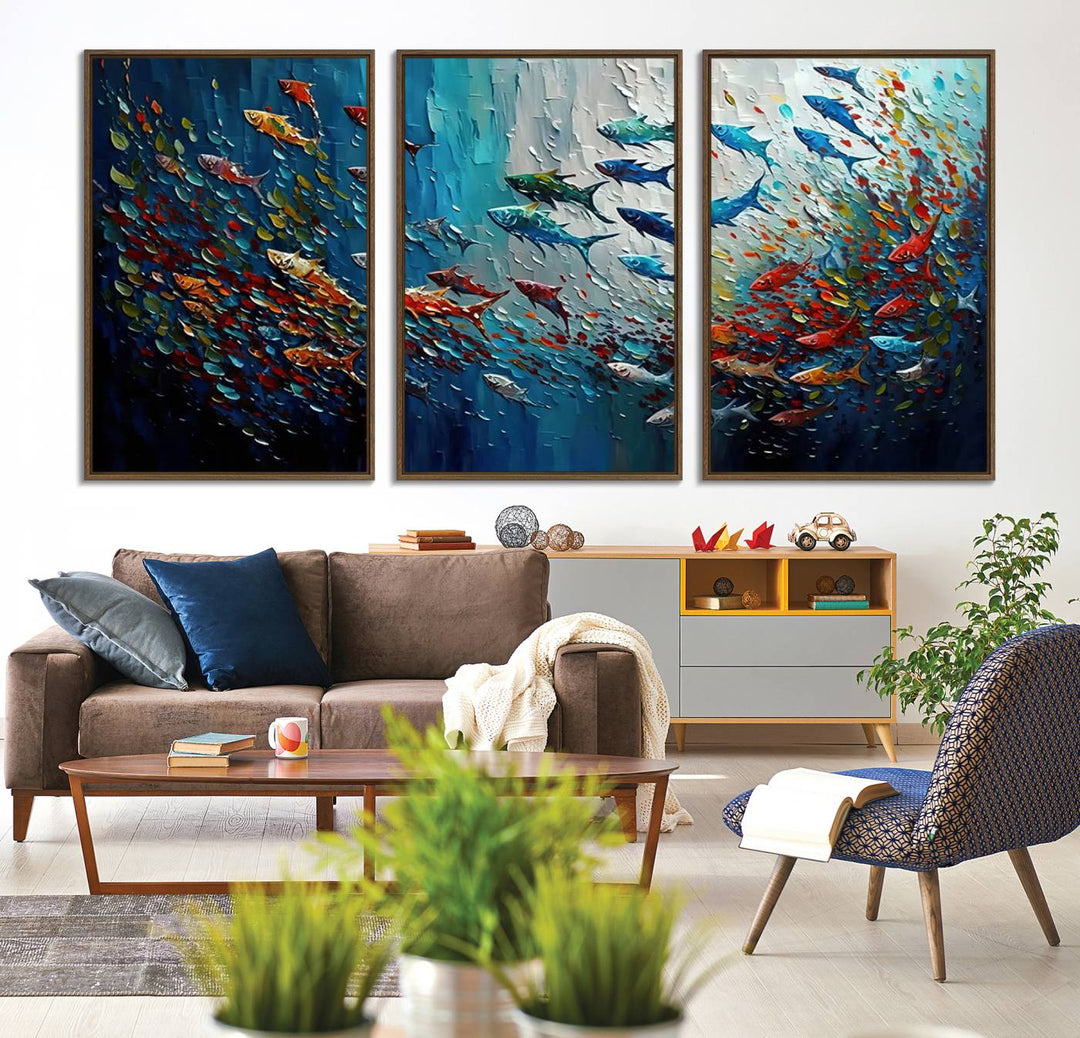 Modern Abstract Fish Shoal Wall Art features blue, red, and orange fish.