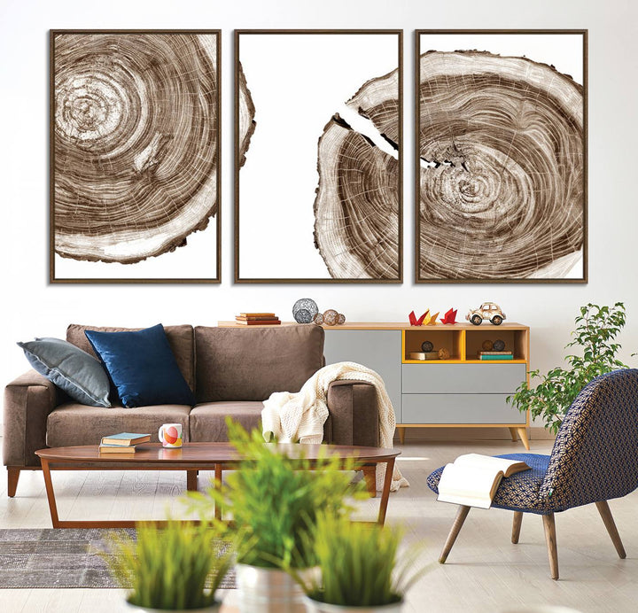 Wood Tree Ring Wall Art on a minimalist black and white canvas.