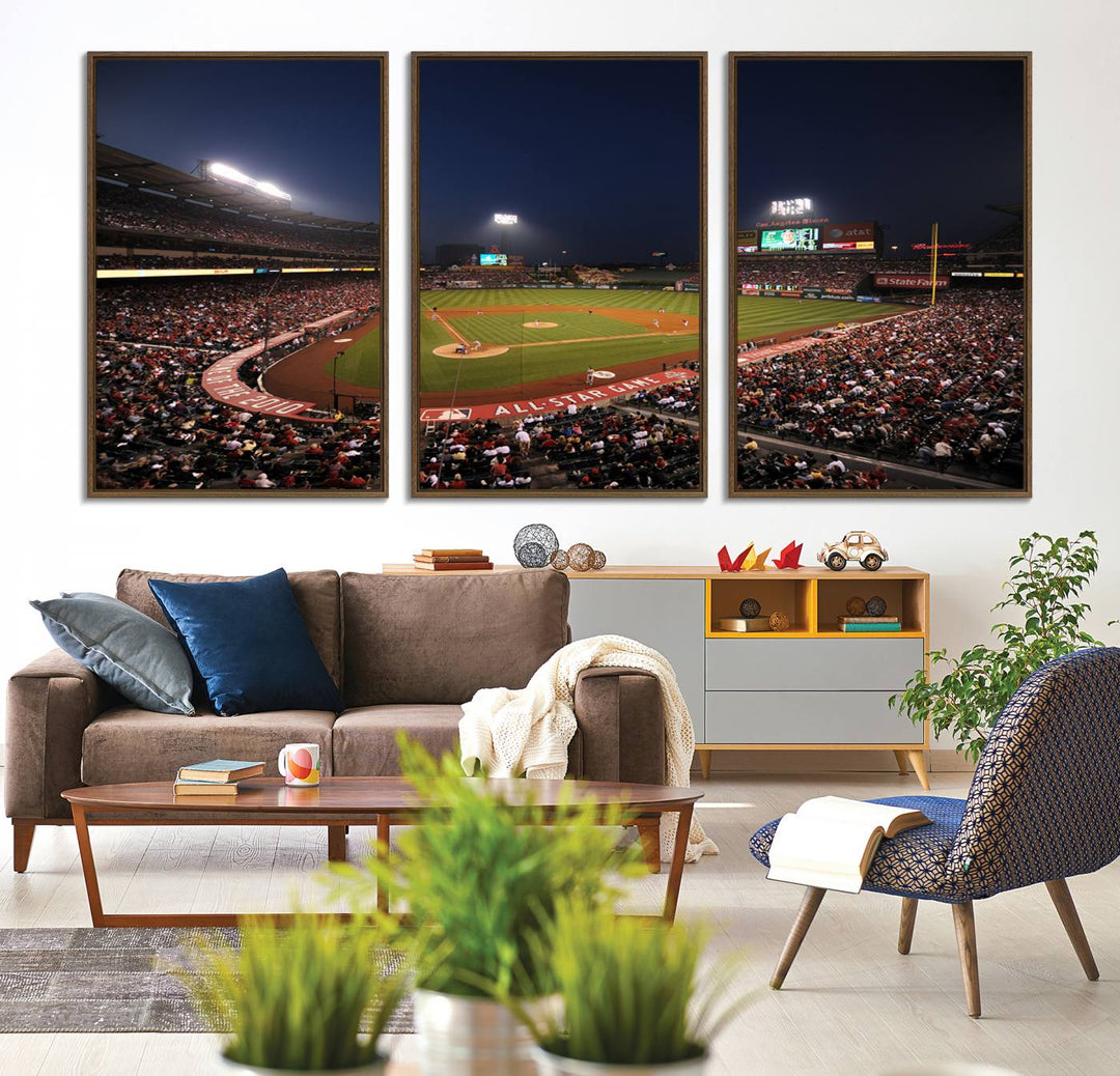 Aerial view of an LA Angels game at night, captured as stunning wall art on premium canvas, handmade in the USA.