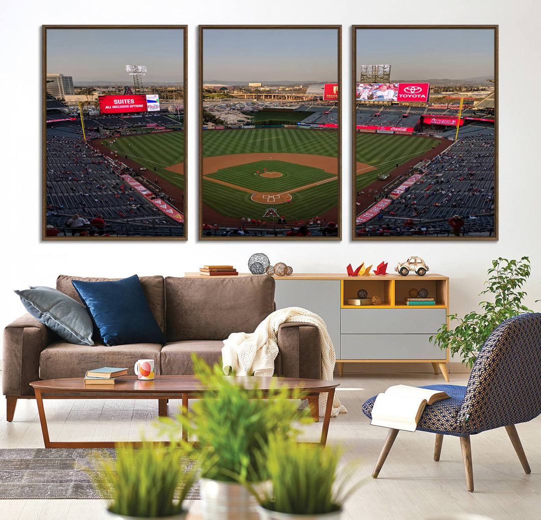 Aerial view of Angel Stadium, perfect as gallery-quality wall art - Los Angeles Angels Canvas Print.