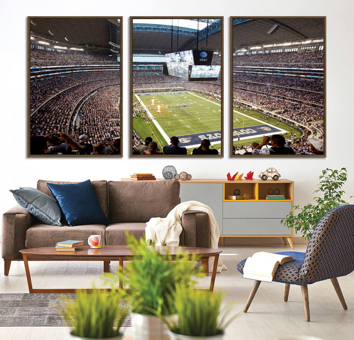 The wall art is a Dallas Cowboys AT&T Stadium Canvas Print, showcasing the iconic logo.