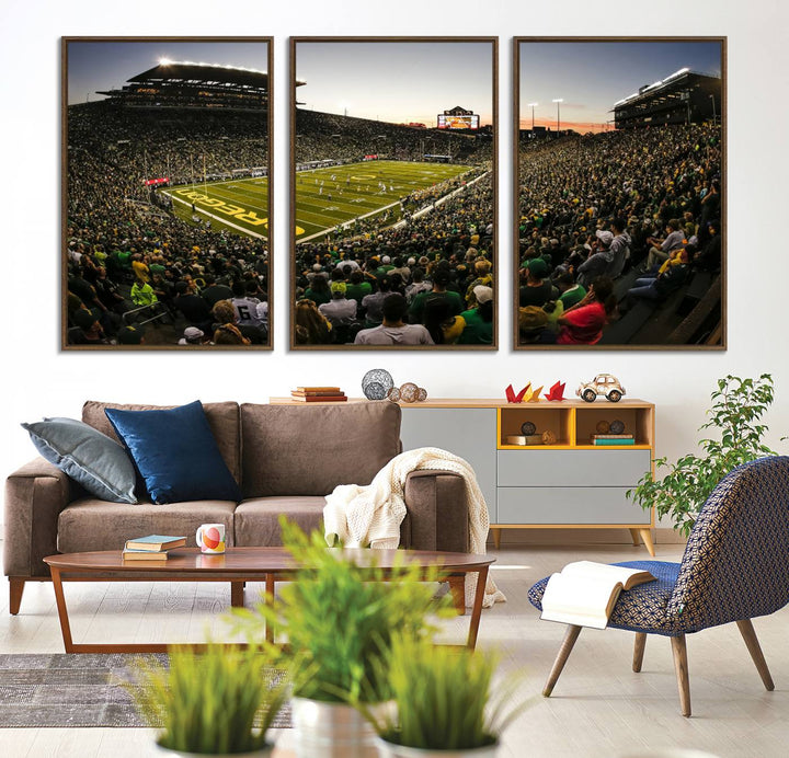 The Oregon Stadium Canvas Wall Art features a depiction of a packed Autzen Stadium with OREGON prominently displayed on the field.