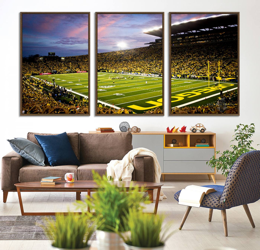 This gallery-quality canvas print features a depiction of the OREGON field filled with fans at sunset, capturing the essence of the University of Oregon Ducks Autzen Stadium.