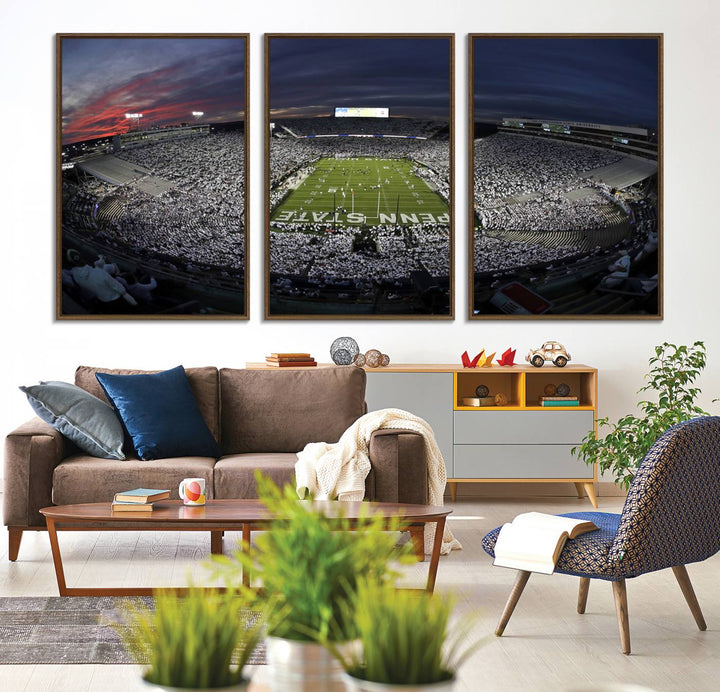 Canvas art capturing the packed Beaver Stadium at dusk, with Penn State emblazoned on the field and a sea of white-clad fans—true perfection.