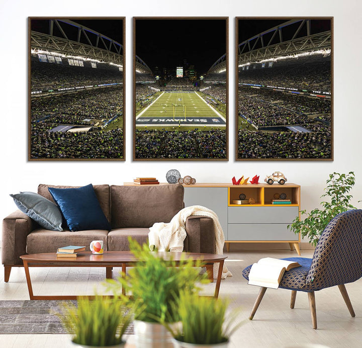 Handmade Seattle Seahawks Stadium Canvas Wall Art Print featuring an aerial view of Night football at CenturyLink Field marked Seahawks.