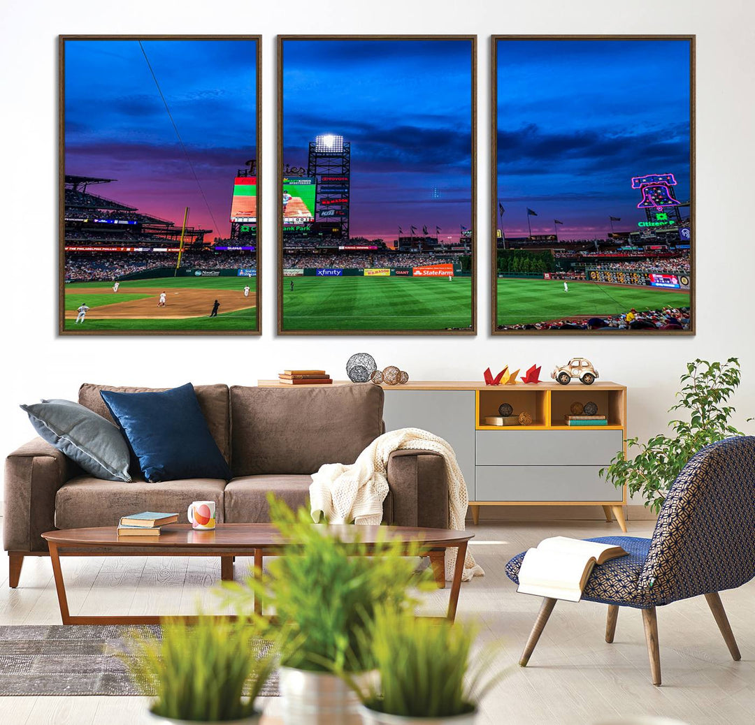 The Phillies canvas print captures a stunning sunset, vibrant signage, and players on the field.