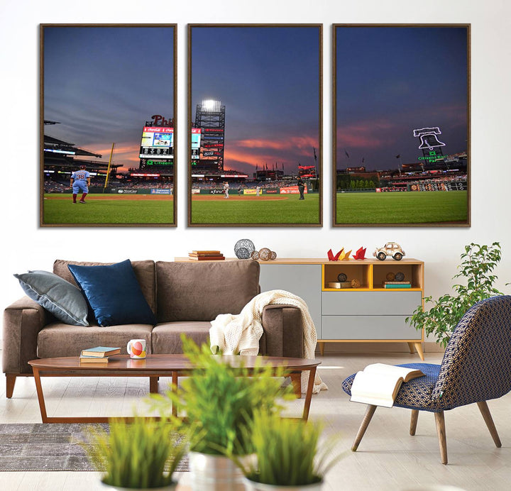 Philadelphia Phillies at sunset: Citizens Bank Park captured in a charming canvas wall art print.