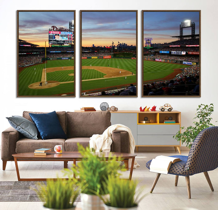 A sunset game at Citizens Bank Park depicted on a 3-panel Phillies canvas.