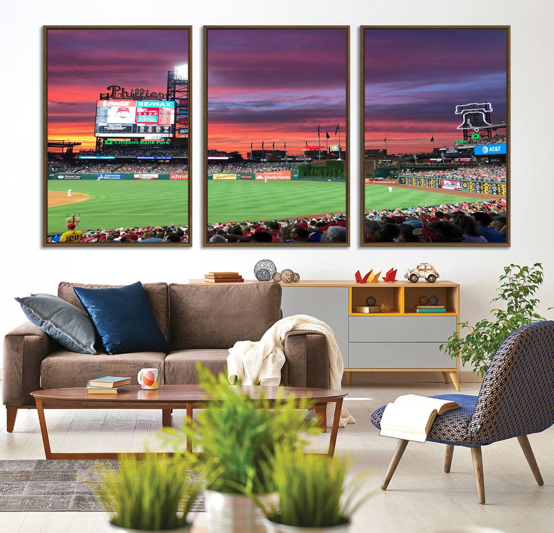 The Philadelphia Phillies canvas print showcases Citizens Bank Park at sunset with a crowd and scoreboard.