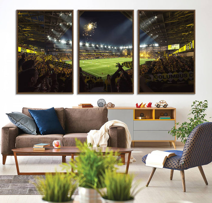 The wall art canvas print captures a packed soccer stadium scene with fans and fireworks.